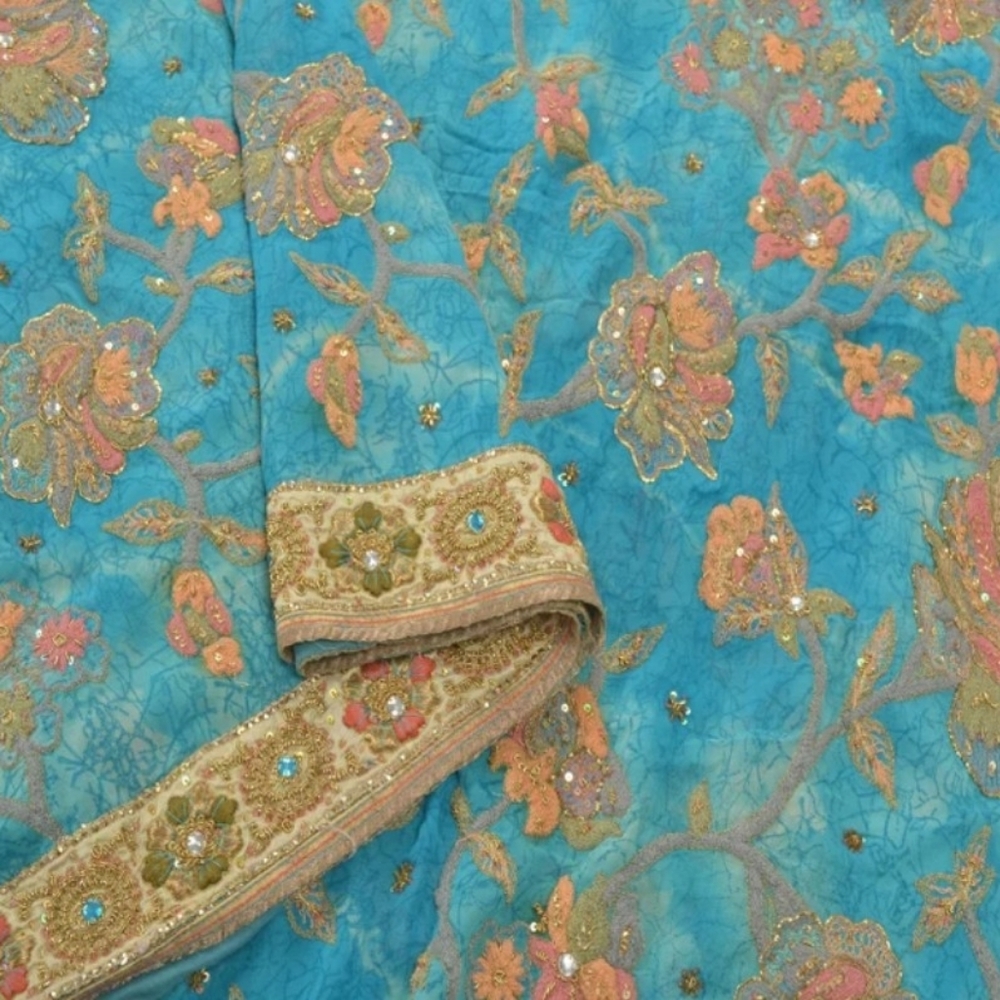 Vintage Sari 100% Pure Georgette Silk Blue Heavy Sarees Hand Beaded